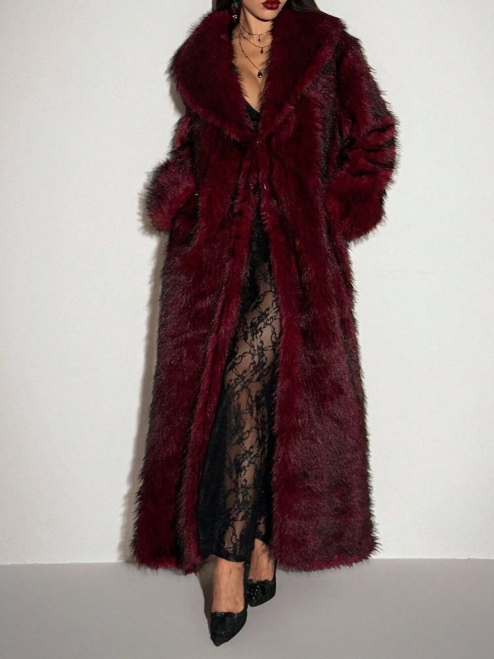 Red Casual Women's Halloween Gothic Party Long Faux Fur Coat